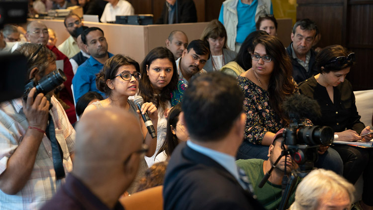 A member of the media asking His Holiness the Dalai Lama a question during the global launch of SEE Learning in New Delhi, India on April 4, 2019. Photo by Tenzin Choejor