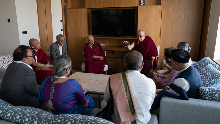 His Holiness the Dalai Lama meeting with a group of Indian professors who are preparing a course of study focussing on Ancient Indian Knowledge in New Delhi, India on April 5, 2019. Photo by Tenzin Choejor 