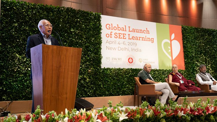 Tempa Tsering of the Dalai Lama Trust introducing the global launch of SEE Learning in New Delhi, India on April 5, 2019. Photo by Tenzin Choejor 