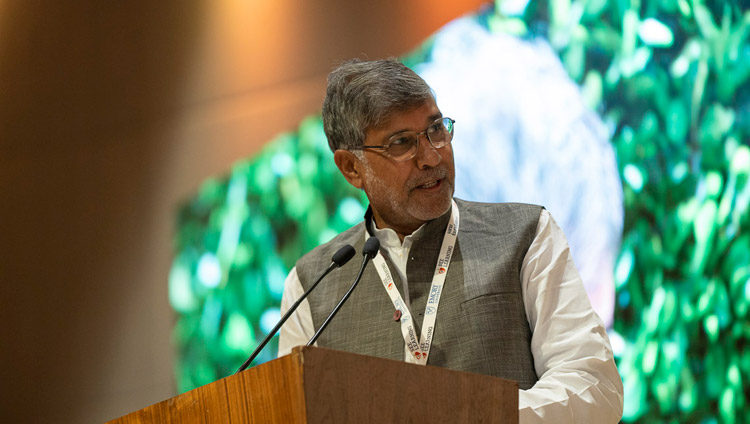 Nobel Peace Laureate Kailash Satyarthi speaking at the global launch of SEE Learning in New Delhi, India on April 5, 2019. Photo by Tenzin Choejor