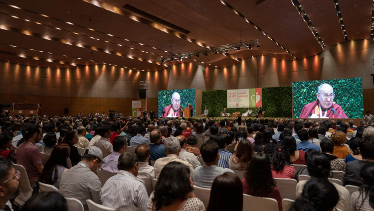 View of the stage from the back of the hall during His Holiness the Dalai Lama's opening address at the global launch of SEE Learning in New Delhi, India on April 5, 2019. Photo by Tenzin Choejor