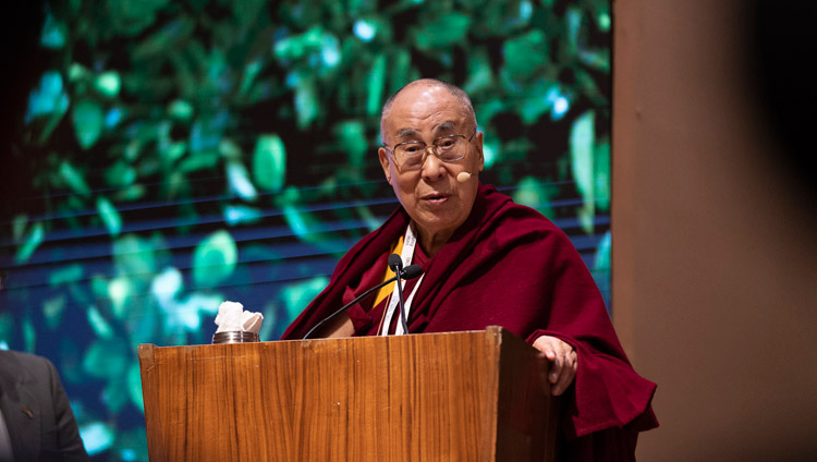 His Holiness the Dalai Lama speaking at the global launch of SEE Learning in New Delhi, India on April 5, 2019. Photo by Tenzin Choejor