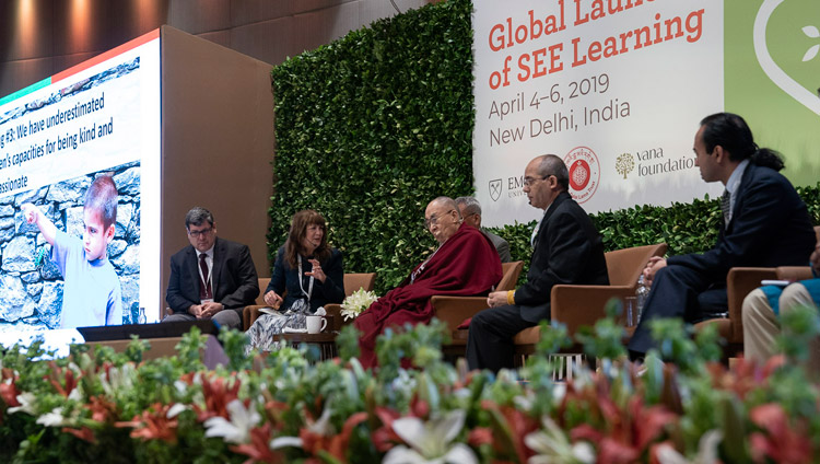 Kimberly Schonert-Reichl delivering her presentation during the panel discussion at the global launch of SEE Learning in New Delhi, India on April 5, 2019. Photo by Tenzin Choejor