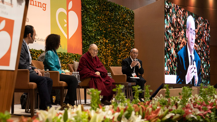 Geshé Lobsang Tenzin Negi opening the second day of the SEE Learning global launch in New Delhi, India on April 6, 2019. Photo by Tenzin Choejor