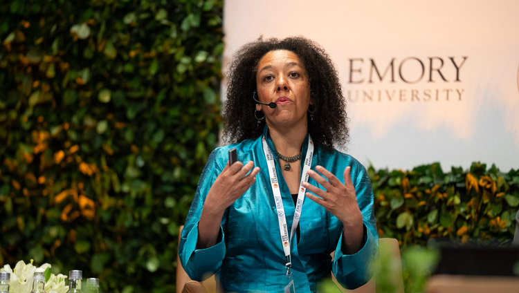 Dr Tyralynn Frazier explaining the SEE Learning online platform on the second day of the SEE Learning global launch in New Delhi, India on April 6, 2019. Photo by Tenzin Choejor