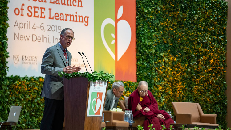Dr Gary Hauk giving some background to the origins of SEE Learning as an introduction to His Holiness the Dalai Lama's keynote address on the second day of the SEE Learning global launch in New Delhi, India on April 6, 2019. Photo by Tenzin Choejor