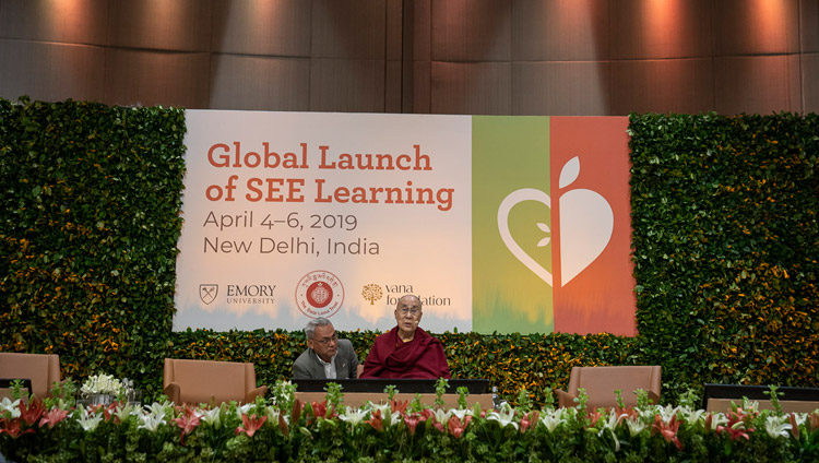 His Holiness the Dalai Lama delivering the keynote address on the second day of the SEE Learning global launch in New Delhi, India on April 6, 2019. Photo by Tenzin Choejor