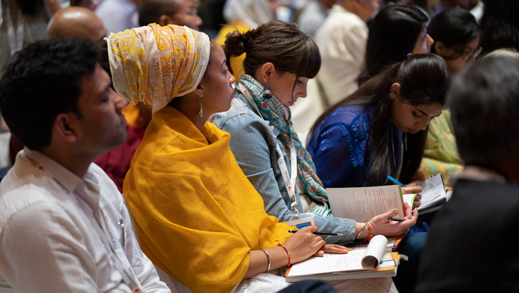 Members of the audience listening to His Holiness the Dalai Lama speaking on the second day of the SEE Learning global launch in New Delhi, India on April 6, 2019. Photo by Tenzin Choejor