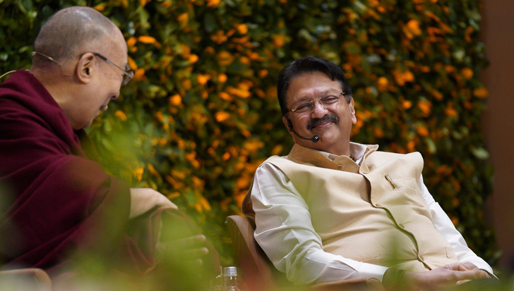 His Holiness the Dalai Lama commenting on Indian industrialist and philanthropist Ajay Piramal's presentation during the panel discussion on the second day of the SEE Learning global launch in New Delhi, India on April 6, 2019. Photo by Tenzin Choejor