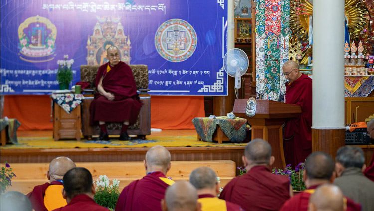 The Abbot of Namgyal Monastery, Thomtog Rinpoché, speaking at the opening of the First Conference on Kalachakra at the Kalachakra Temple in Dharamsala, HP, India on May 5, 2019. Photo by Tenzin Choejor