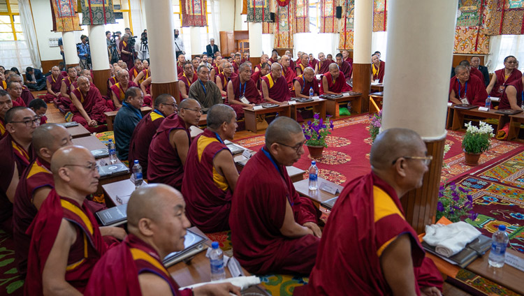 Delegates to the First Conference on Kalachakra listening to His Holiness the Dalai Lama at the Kalachakra Temple in Dharamsala, HP, India on May 5, 2019. Photo by Tenzin Choejor
