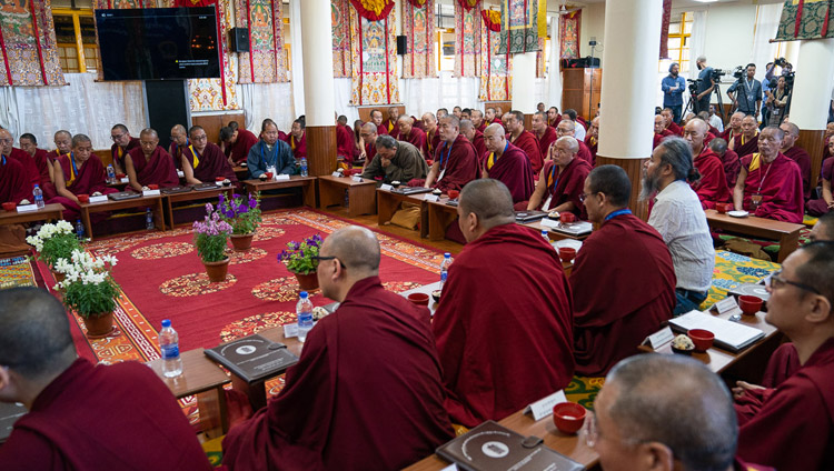 Delegates to the First Conference on Kalachakra listening to His Holiness the Dalai Lama at the Kalachakra Temple in Dharamsala, HP, India on May 5, 2019. Photo by Tenzin Choejor