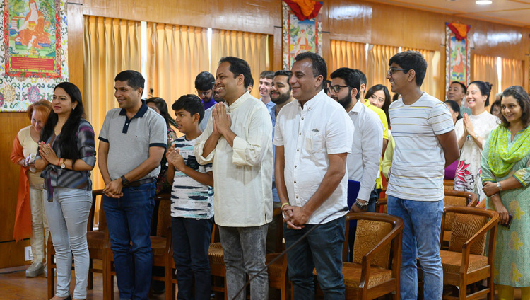 Members of the audience from India, Vietnam and Russia standing as His Holiness the Dalai Lama arrives for their meeting at his residence in Dharamsala, HP, India on May 6, 2019. Photo by Tenzin Choejor