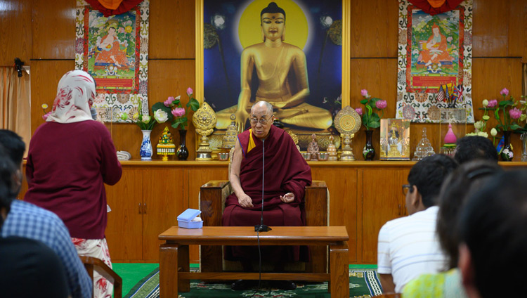 His Holiness the Dalai Lama listening as a member of the audience ask him a question during his interaction with business leaders and professionals from India, Vietnam and Russia at his residence in Dharamsala, HP, India on May 6, 2019. Photo by Tenzin Choejor