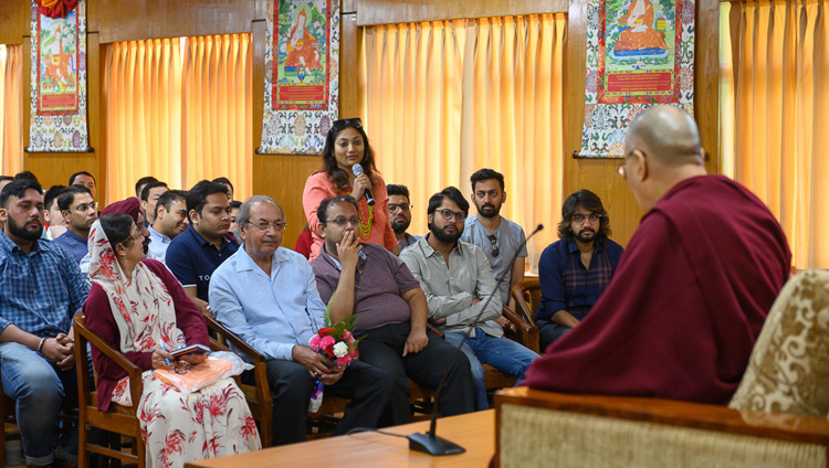 A member of the audience asking His Holiness the Dalai Lama a question during his interaction with business leaders and professionals from India, Vietnam and Russia at his residence in Dharamsala, HP, India on May 6, 2019. Photo by Tenzin Choejor