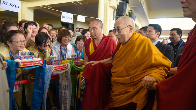 His Holiness the Dalai Lama arriving at the Main Tibetan Temple for the first day of his teachings requested by Russian Buddhists in Dharamsala, HP, India on May 10, 2019. Photo by Tenzin Choejor