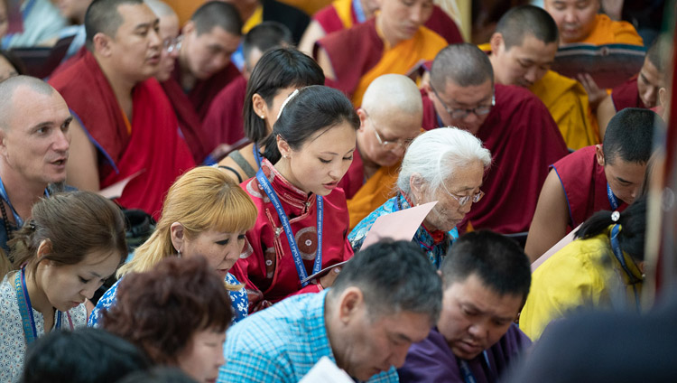 Some of 1100 Buddhists from Russia following the opening prayers on the first day of His Holiness the Dalai Lama's teaching at the Main Tibetan Temple in Dharamsala, HP, India on May 10, 2019. Photo by Tenzin Choejor