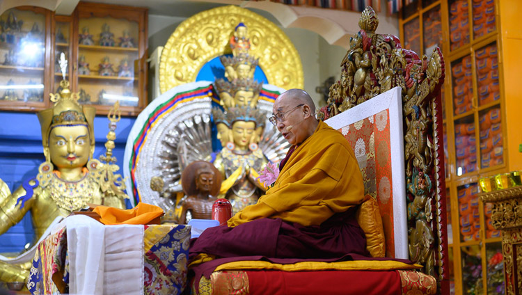 His Holiness the Dalai Lama addressing the audience on the first day of his teachings at the Main Tibetan Temple in Dharamsala, HP, India on May 10, 2019. Photo by Tenzin Choejor