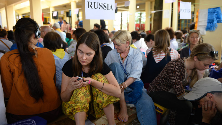 Members of the audience attending the first day of His Holiness the Dalai Lama's teaching requested by Russian Buddhists at the Main Tibetan Temple in Dharamsala, HP, India on May 10, 2019. Photo by Tenzin Choejor