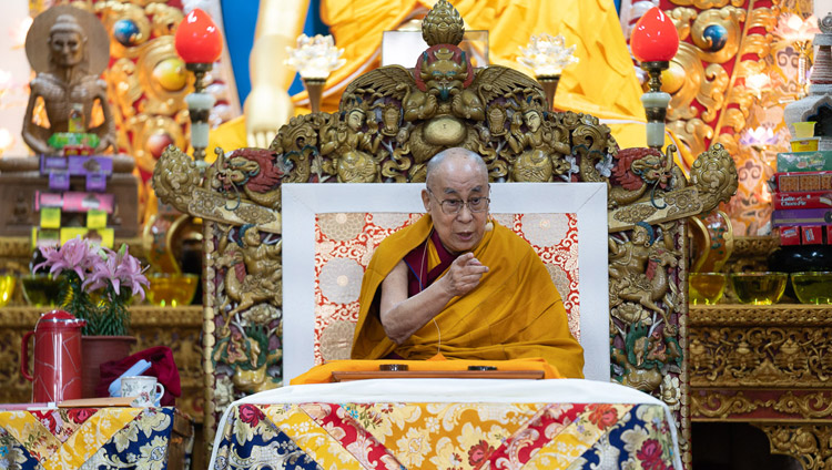 His Holiness the Dalai Lama speaking on the first day of his teachings at the Main Tibetan Temple in Dharamsala, HP, India on May 10, 2019. Photo by Tenzin Choejor