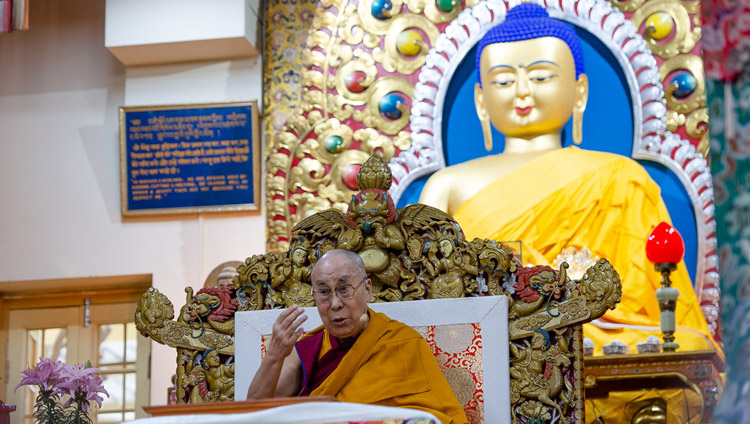 His Holiness the Dalai Lama addressing the gathering on the second day of his teachings at the Main Tibetan Temple in Dharamsala, HP, India on May 11, 2019. Photo by Lobsang Tsering