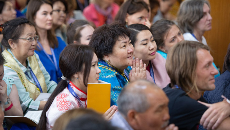 Members of the audience listening to His Holiness the Dalai Lama on the second day of his teachings requested by Russian Buddhists at the Main Tibetan Temple in Dharamsala, HP, India on May 11, 2019. Photo by Lobsang Tsering