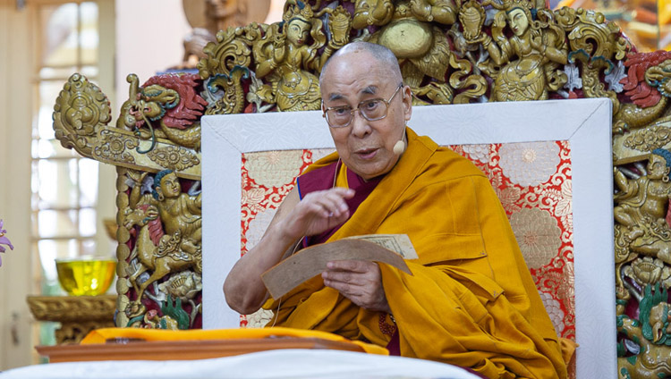 His Holiness the Dalai Lama explaining Tsongkhapa's "Three Principal Aspects of the Path" on the second day of his teachings at the Main Tibetan Temple in Dharamsala, HP, India on May 11, 2019. Photo by Lobsang Tsering