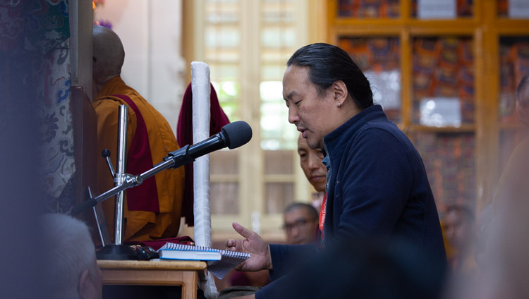 The Russian interpreter translating His Holiness the Dalai Lama's explanations during the second day of teachings requested by Russian Buddhists at the Main Tibetan Temple in Dharamsala, HP, India on May 11, 2019. Photo by Lobsang Tsering