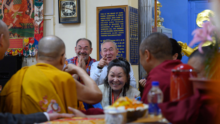 His Holiness the Dalai Lama greeting members of the audience as he arrives at the Main Tibetan Temple for the final day of his teachings requested by Russian Buddhists in Dharamsala, HP, India on May 12, 2019. Photo by Tenzin Choejor
