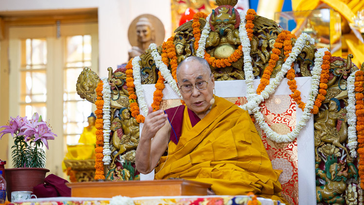 His Holiness the Dalai Lama speaking on the final day of his teachings at the Main Tibetan Temple in Dharamsala, HP, India on May 12, 2019. Photo by Lobsang Tsering