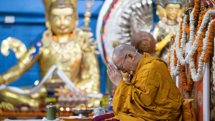 His Holiness the Dalai Lama conducting the ceremony for generating the awakening mind on the final day of his teachings at the Main Tibetan Temple in Dharamsala, HP, India on May 12, 2019. Photo by Lobsang Tsering