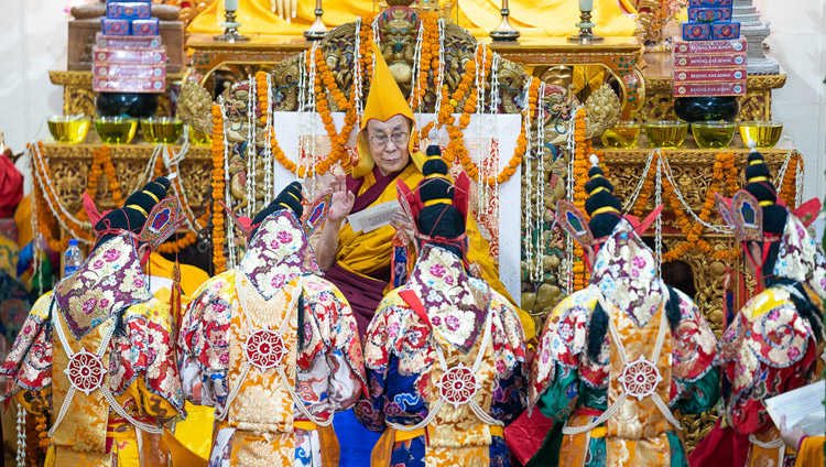 Namgyal Monastery monks performing Dakini rituals as part of the Long Life Offering prayers for His Holiness the Dalai Lama at the Main Tibetan Temple in Dharamsala, HP, India on May 17, 2019. Photo by Tenzin Choejor