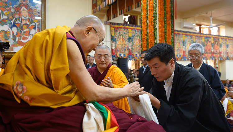 President of the Central Tibetan Administration Dr Lobsang Sangay offering a white scarf to His Holiness the Dalai Lama during the Long Life Offering Ceremony for His Holiness at the Main Tibetan Temple in Dharamsala, HP, India on May 17, 2019. Photo by Tenzin Choejor