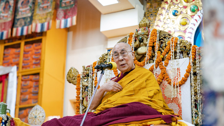 His Holiness the Dalai Lama addressing the gathering during the Long Life Offering Ceremony at the Main Tibetan Temple in Dharamsala, HP, India on May 17, 2019. Photo by Tenzin Choejor