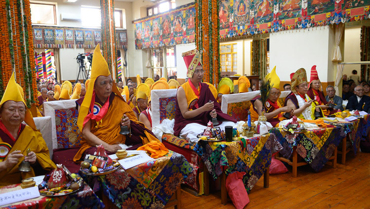 Representatives of the Tibetan religious traditions sitting in the front of the Main Tibetan Temple during the Long Life Offering Ceremony for His Holiness the Dalai Lama in Dharamsala, HP, India on May 17, 2019. Photo by Tenzin Choejor