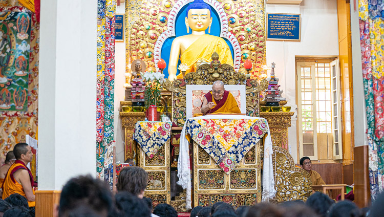 His Holiness the Dalai Lama addressing Tibetan students sitting in the Main Tibetan Temple during his teaching for young Tibetans in Dharamsala, HP, India on June 3, 2019. Photo by Tenzin Choejor