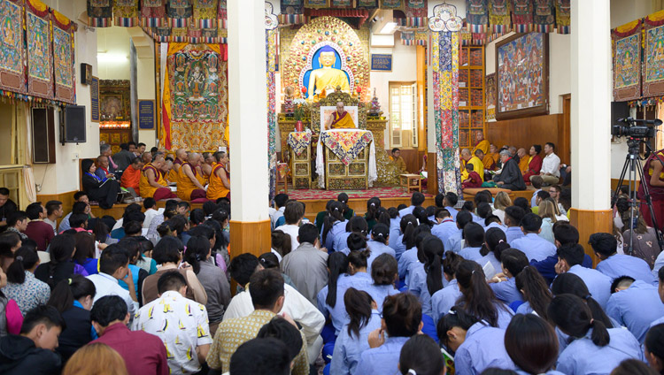 A view of the Main Tibetan Temple filled with some of the 1200 Tibetan students attending His Holiness the Dalai Lama's teaching for young Tibetans in Dharamsala, HP, India on June 3, 2019. Photo by Tenzin Choejor