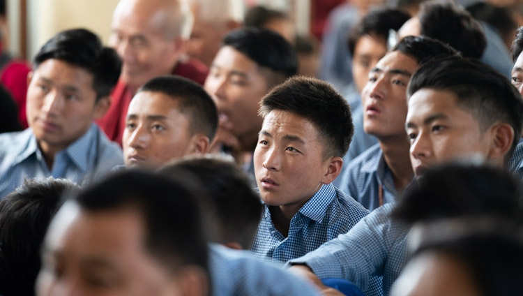 Tibetan students listening to His Holiness the Dalai Lama's teaching for young Tibetans at the Main Tibetan Temple in Dharamsala, HP, India on June 3, 2019. Photo by Tenzin Choejor