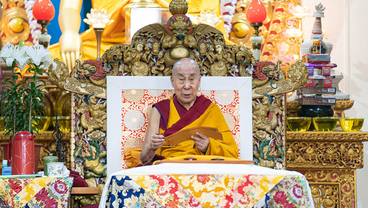 His Holiness the Dalai Lama commenting on the text "Thirty-Seven Practices of a Bodhisattva" during his teaching for young Tibetans at the Main Tibetan Temple in Dharamsala, HP, India on June 3, 2019. Photo by Tenzin Choejor