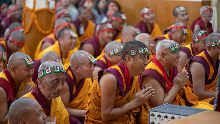 Monks from Dzongkhar Chödé Monastery listening as His Holiness the Dalai Lama gives the Avalokiteshvara Empowerment at the Main Tibetan Temple in Dharamsala, HP, India on June 5, 2019. Photo by Tenzin Choejor