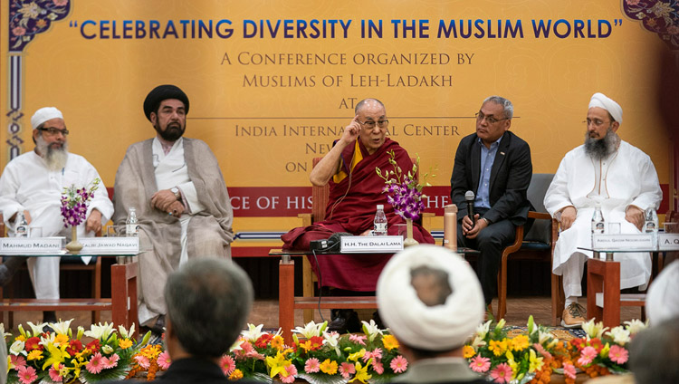 His Holiness the Dalai Lama speaking at the conference on "Celebrating Diversity in the Muslim World" at the India International Centre in New Delhi, India on June 15, 2019. Photo by Tenzin Choejor His Holiness the Dalai Lama speaking at the conference on "Celebrating Diversity in the Muslim World" at the India International Centre in New Delhi, India on June 15, 2019. Photo by Tenzin Choejor