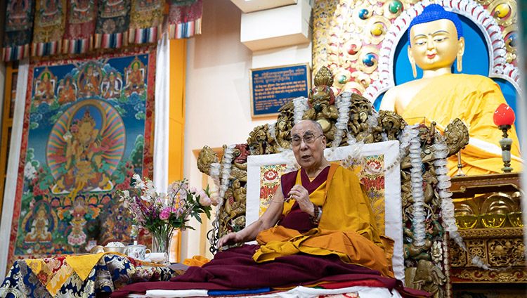 His Holiness the Dalai Lama addressing the gathering during the Long Life Offering ceremony at the Main Tibetan Temple in Dharamsala, HP, India on July 5, 2019. Photo by Tenzin Choejor