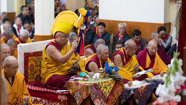 Abbot of Namgyal Monastery Thamtog Rinpoche leading the long life ritual at the Main Tibetan Temple in Dharamsala, HP, India on July 5, 2019. Photo by Tenzin Choejor