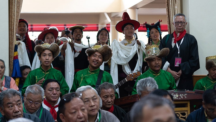 Members of the Tibetan Institute of Performing Arts performing a song of praise and appreciation at the end of the Long Life Offering ceremony for His Holiness the Dalai Lama at the Main Tibetan Temple in Dharamsala, HP, India on July 5, 2019. Photo by Tenzin Choejor