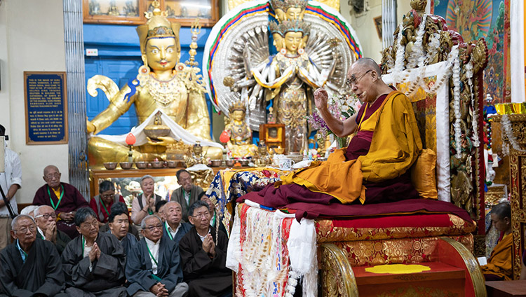 His Holiness the Dalai Lama speaking near the end of the Long Life Offering ceremony at the Main Tibetan Temple in Dharamsala, HP, India on July 5, 2019. Photo by Tenzin Choejor