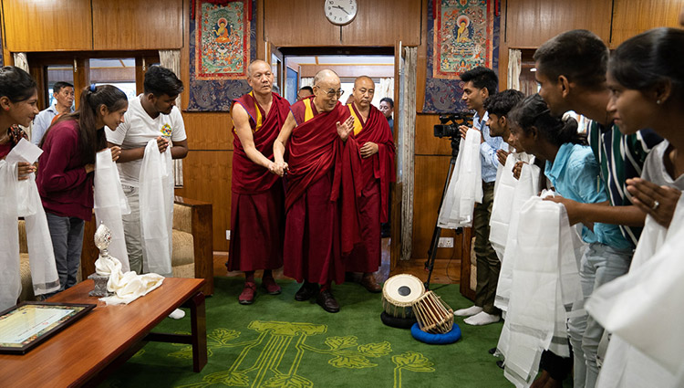 His Holiness the Dalai Lama arriving for his meeting with community representatives, staff and students of Tong-Len at his residence in Dharamsala, HP, India on July 7, 2019. Photo by Tenzin Choejor
