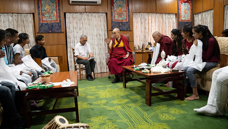 His Holiness the Dalai Lama speaking to community reprensentatives, staff and students of Tong-Len during their meeting at his residence in Dharamsala, HP, India on July 7, 2019. Photo by Tenzin Choejor