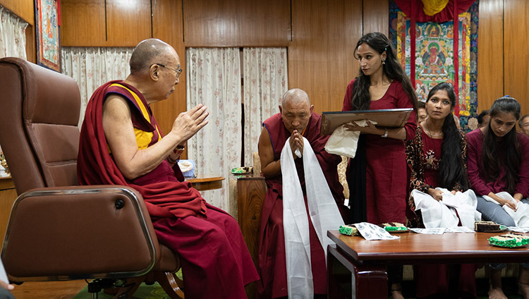 A senior student reading out a citation of gratitude before presenting it to His Holiness the Dalai Lama during their meeting at his residence in Dharamsala, HP, India on July 7, 2019. Photo by Tenzin Choejor