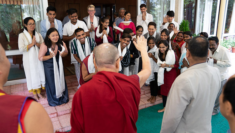 His Holiness the Dalai Lama waving good-bye after his meeting with community reprensentatives, staff and students of Tong-Len at his residence in Dharamsala, HP, India on July 7, 2019. Photo by Tenzin Choejor