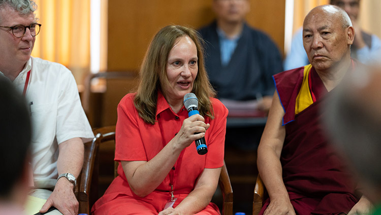 Project Coordinato Margarita Kozhevnikova introducing the the conference on Human Education in the Third Millennium to His Holiness the Dalai Lama and observers at his residence in Dharamsala, HP, India on July 8, 2019. Photo by Tenzin Choejor